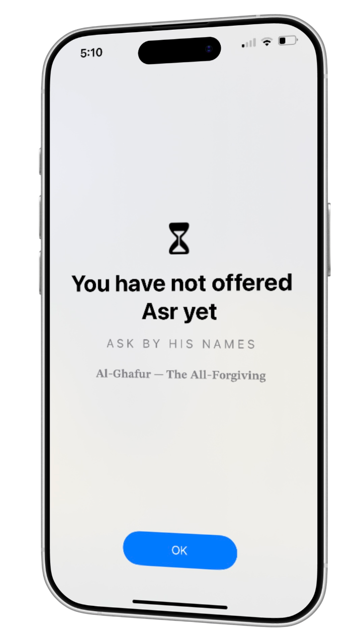 App Blocker screen showing Dhuhr prayer reminder